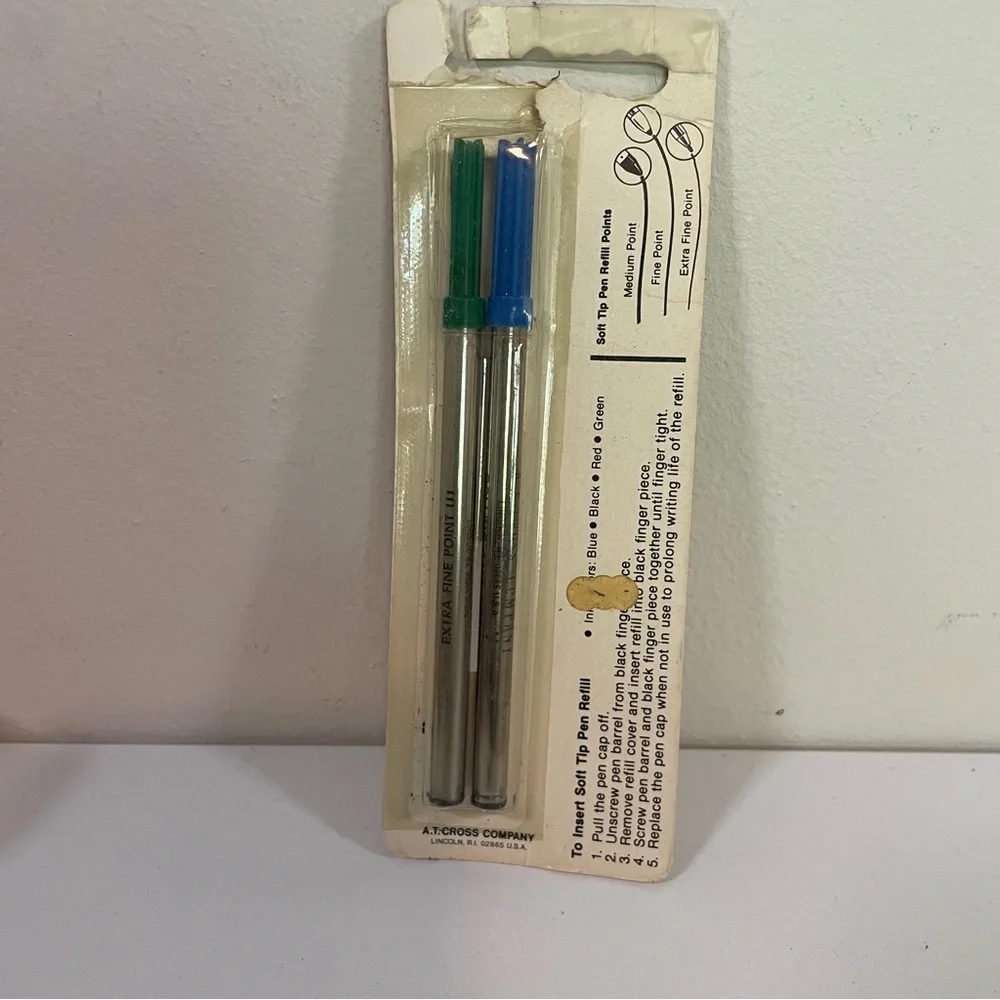 New Vintage CROSS Soft Tip Pen Refills Blue/ Green Ink 2 Pack Extra Fine Point